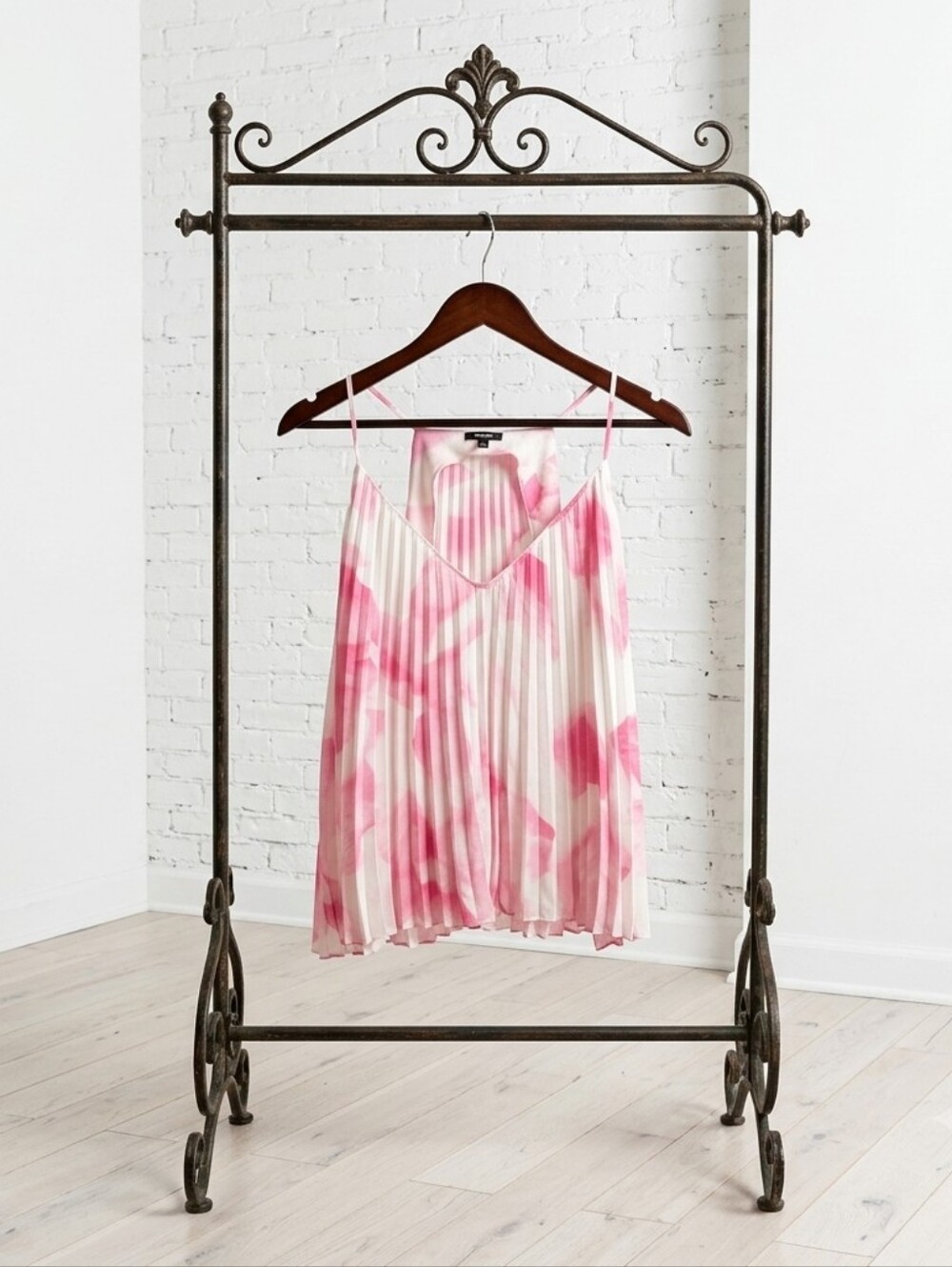 Express Pink and White Pleated Watercolor Cami Top